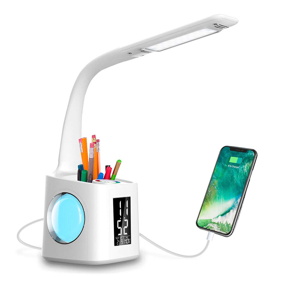 7-in-1 LED Desk Lamp | 8W | USB Charging Port | 256-Colour Base | Clock, Calendar & LCD | Pen Holder | Gooseneck | 3-Level Dimming | White