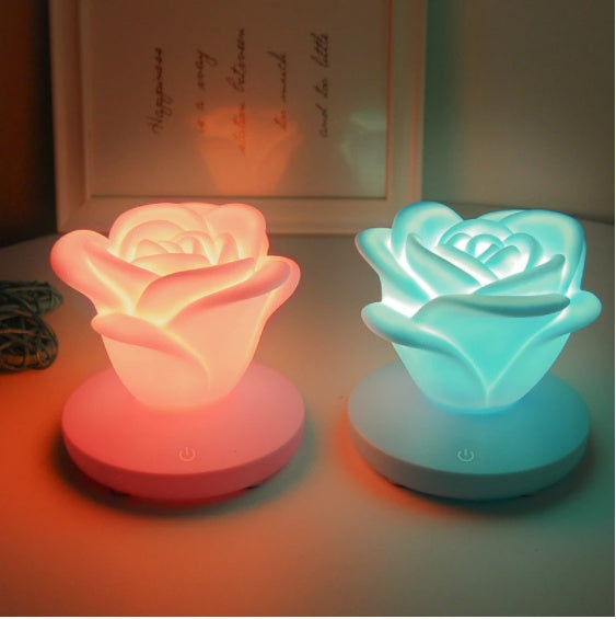Mini Rose Night Light | 8 LED | 3-Speed Touch Dimming | 1200mAh USB Rechargeable | Soft PVC Petals | 10×10×9.6cm | 8hr Battery | Blue, Pink, Purple & White