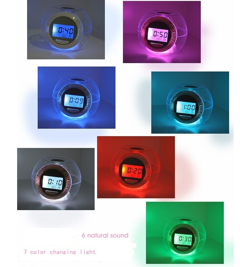 7-Color LED Alarm Clock | 6 Natural Sounds, Temperature, Timer, Snooze | LCD Display | White