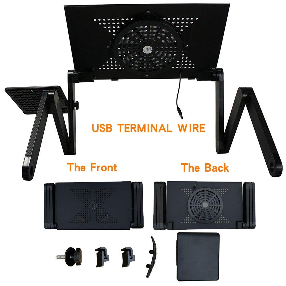 Adjustable Laptop Stand Desk with Cooling Fan & Mouse Pad | Aluminum-Magnesium, 360° Foldable | Ergonomic | Black & Red