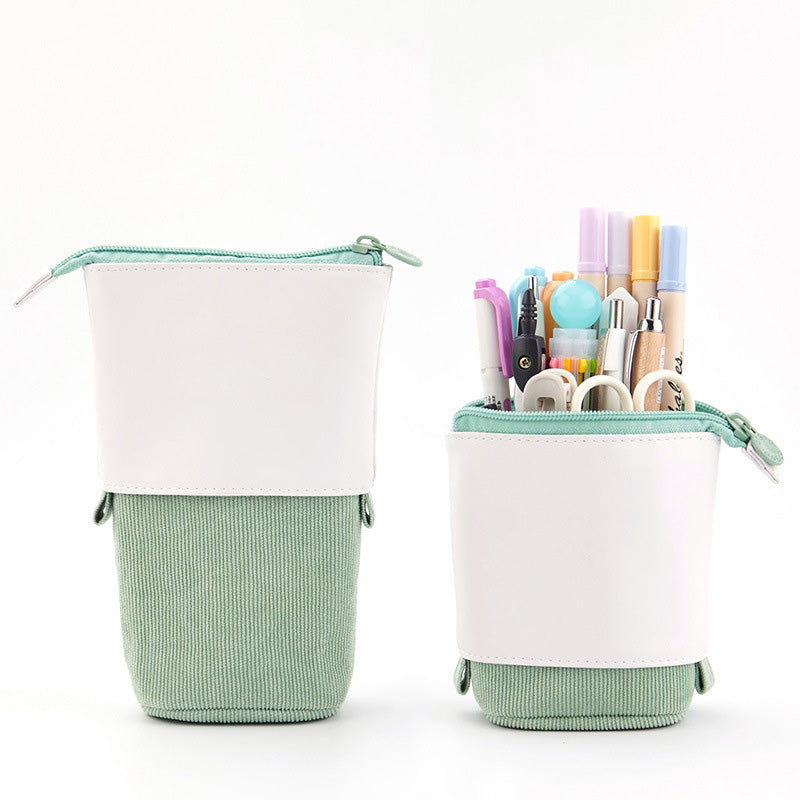 Round Corduroy & PU Leather Retractable Pencil Case | Cute Stationery Organiser | 5 Colours