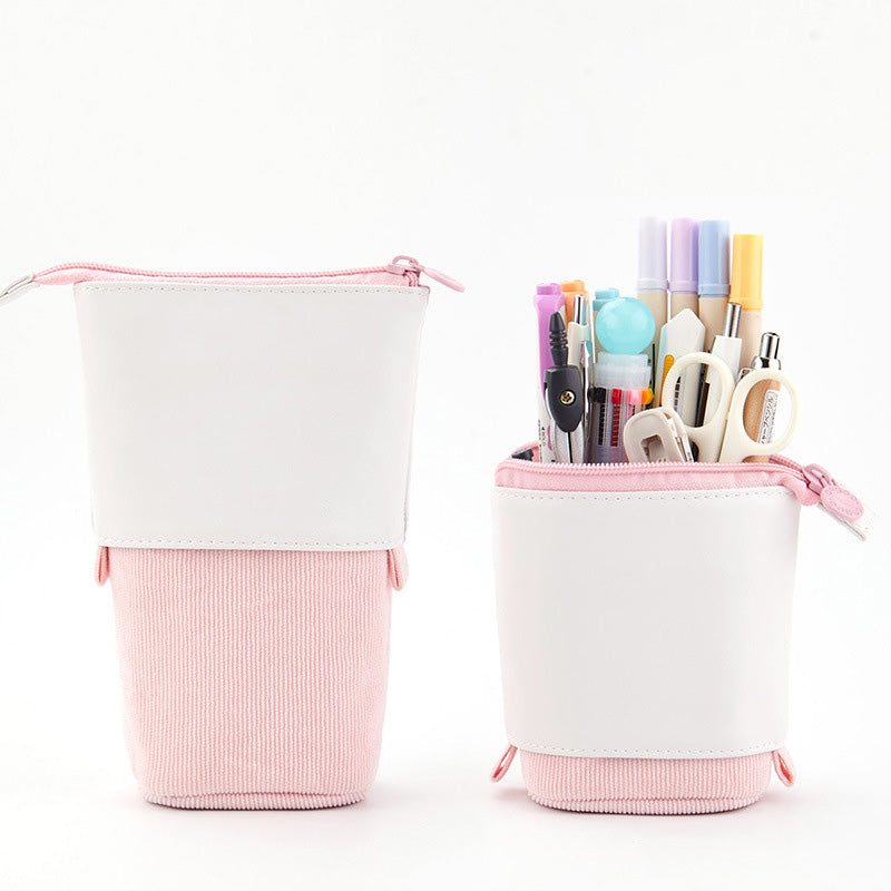 Round Corduroy & PU Leather Retractable Pencil Case | Cute Stationery Organiser | 5 Colours