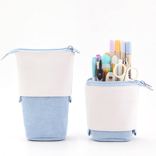 Round Corduroy & PU Leather Retractable Pencil Case | Cute Stationery Organiser | 5 Colours