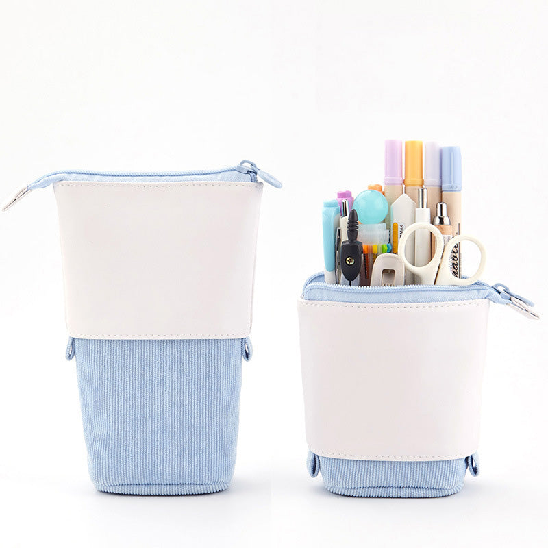 Round Corduroy & PU Leather Retractable Pencil Case | Cute Stationery Organiser | 5 Colours