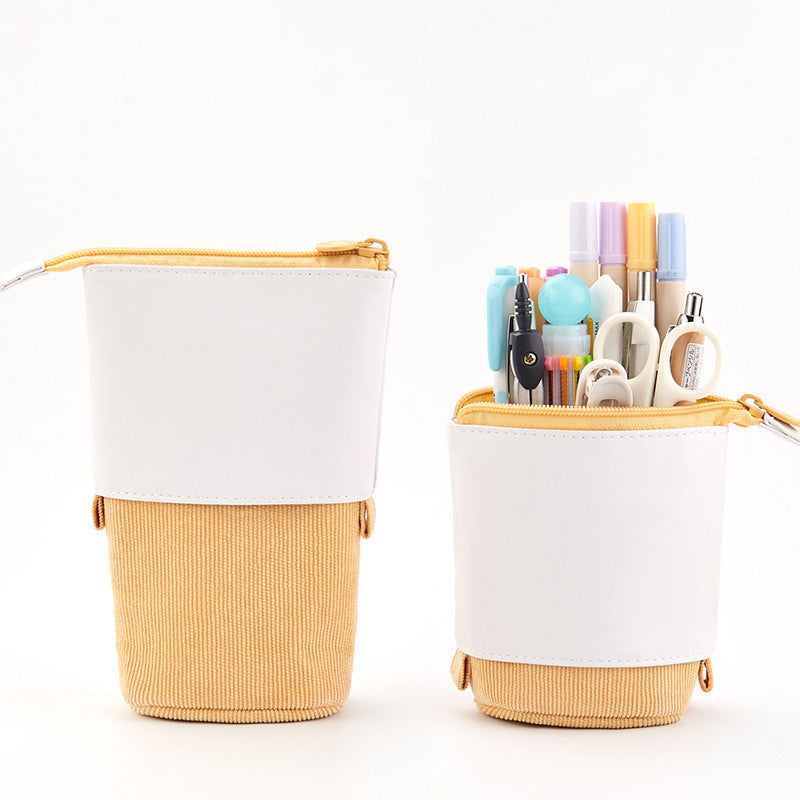 Round Corduroy & PU Leather Retractable Pencil Case | Cute Stationery Organiser | 5 Colours