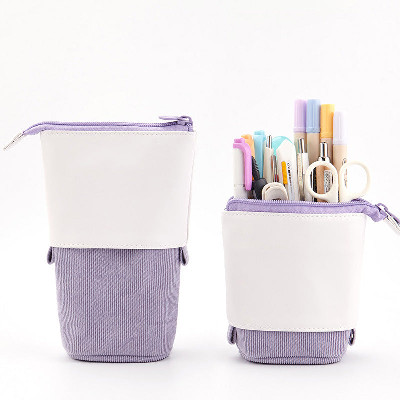 Round Corduroy & PU Leather Retractable Pencil Case | Cute Stationery Organiser | 5 Colours
