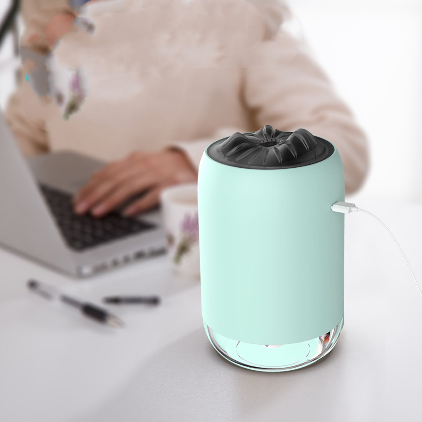 Magic Flame Ultrasonic Humidifier & Aroma Diffuser | 2W USB | 2–8hr Timer | ≤36dB | Auto Shut-Off | Desktop | Light Blue, Pink & White