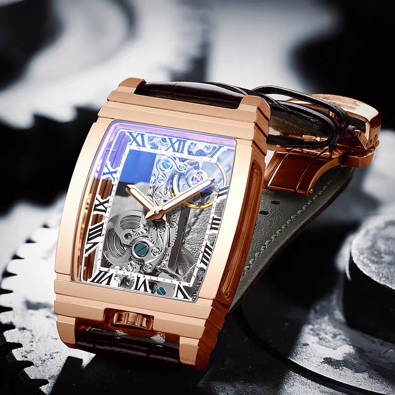 Daystar 42mm Unisex Square Mechanical Watch – Stainless Steel, Leather & Steel Strap, 3ATM