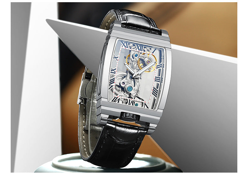 Daystar 42mm Unisex Square Mechanical Watch – Stainless Steel, Leather & Steel Strap, 3ATM