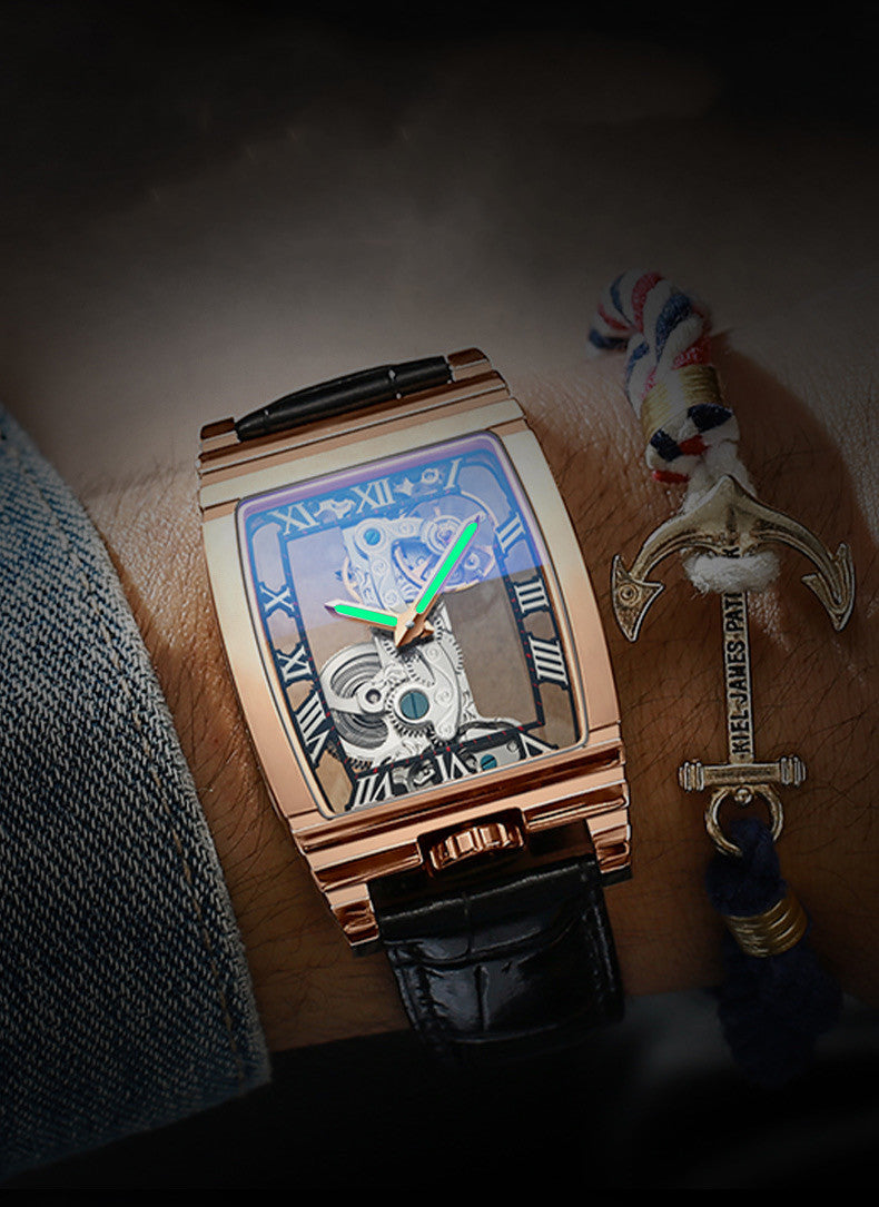 Daystar 42mm Unisex Square Mechanical Watch – Stainless Steel, Leather & Steel Strap, 3ATM