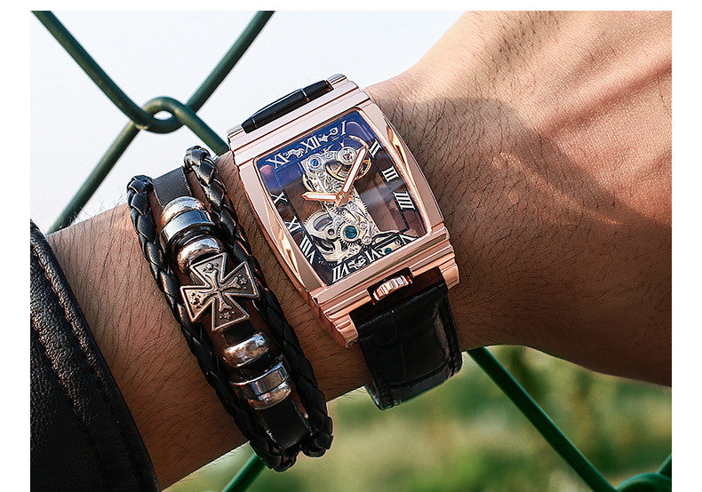 Daystar 42mm Unisex Square Mechanical Watch – Stainless Steel, Leather & Steel Strap, 3ATM