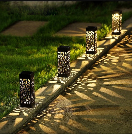 Solar Garden Pathway Stake Lights | Hollow-Carved Shell | 2LM | 3000K & Cool White | 300mAh | 4–10hr Runtime | Auto Dusk-to-Dawn | Waterproof | 6×6×28.5cm | 1–12pc Packs