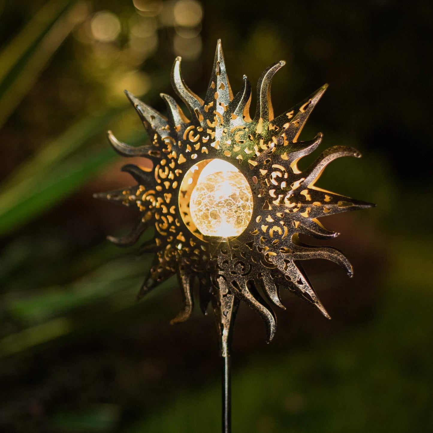 Solar Iron & Glass Garden Stake Light | IP55 | 0.5W Warm White LED | 6–8hr Runtime | 100,000h | 78×17×6cm | 2V Solar | 600mAh | Cutout, Flame, Star, Sun & White | Pathway & Garden Decor