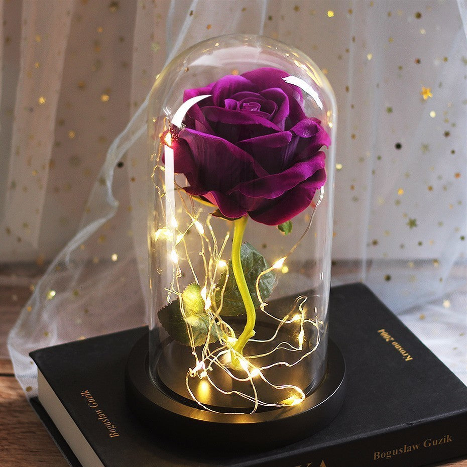 Preserved Rose Bouquet with LED Glass Cover | Silk & Velvet Roses | Solid Wood Base | AAA Battery | 300×170×160mm | 16 Colours & Styles | Valentine, Wedding & Mother’s Day Gift