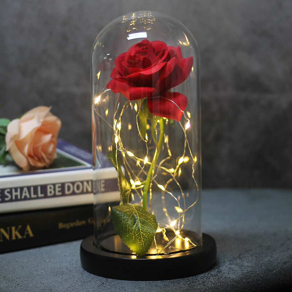 Preserved Rose Bouquet with LED Glass Cover | Silk & Velvet Roses | Solid Wood Base | AAA Battery | 300×170×160mm | 16 Colours & Styles | Valentine, Wedding & Mother’s Day Gift