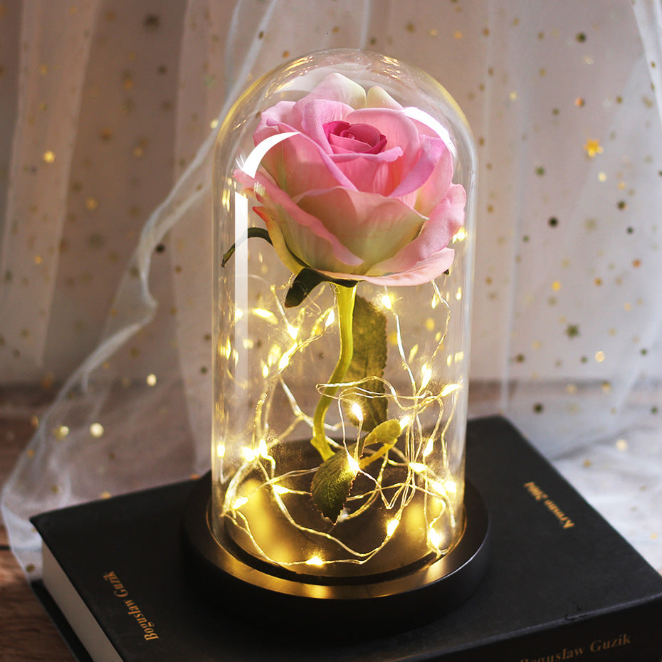 Preserved Rose Bouquet with LED Glass Cover | Silk & Velvet Roses | Solid Wood Base | AAA Battery | 300×170×160mm | 16 Colours & Styles | Valentine, Wedding & Mother’s Day Gift