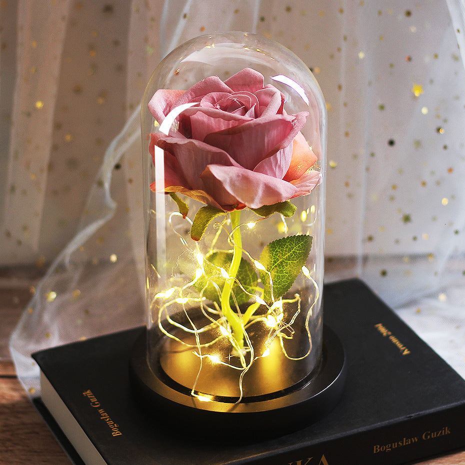 Preserved Rose Bouquet with LED Glass Cover | Silk & Velvet Roses | Solid Wood Base | AAA Battery | 300×170×160mm | 16 Colours & Styles | Valentine, Wedding & Mother’s Day Gift