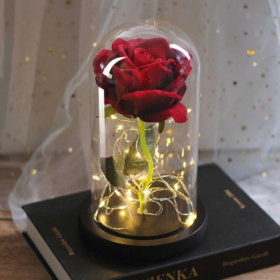 Preserved Rose Bouquet with LED Glass Cover | Silk & Velvet Roses | Solid Wood Base | AAA Battery | 300×170×160mm | 16 Colours & Styles | Valentine, Wedding & Mother’s Day Gift