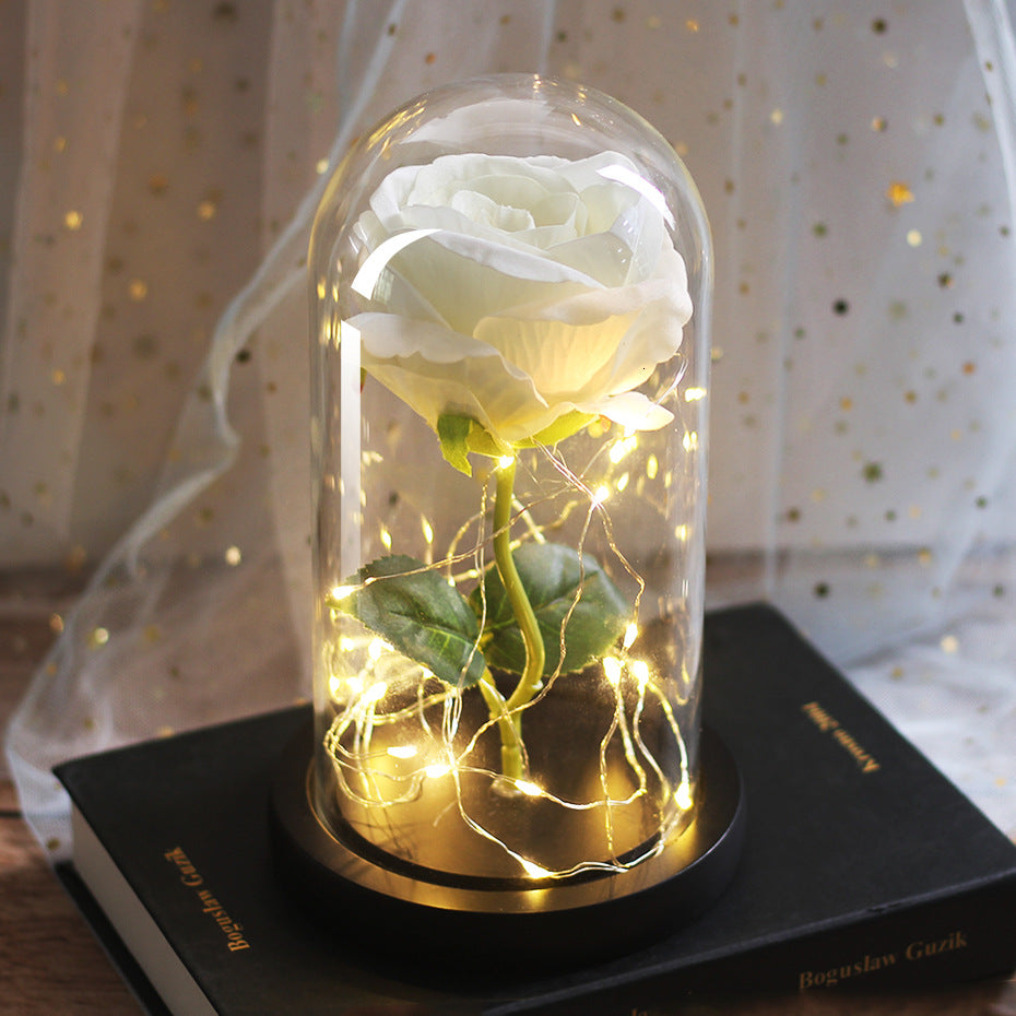 Preserved Rose Bouquet with LED Glass Cover | Silk & Velvet Roses | Solid Wood Base | AAA Battery | 300×170×160mm | 16 Colours & Styles | Valentine, Wedding & Mother’s Day Gift
