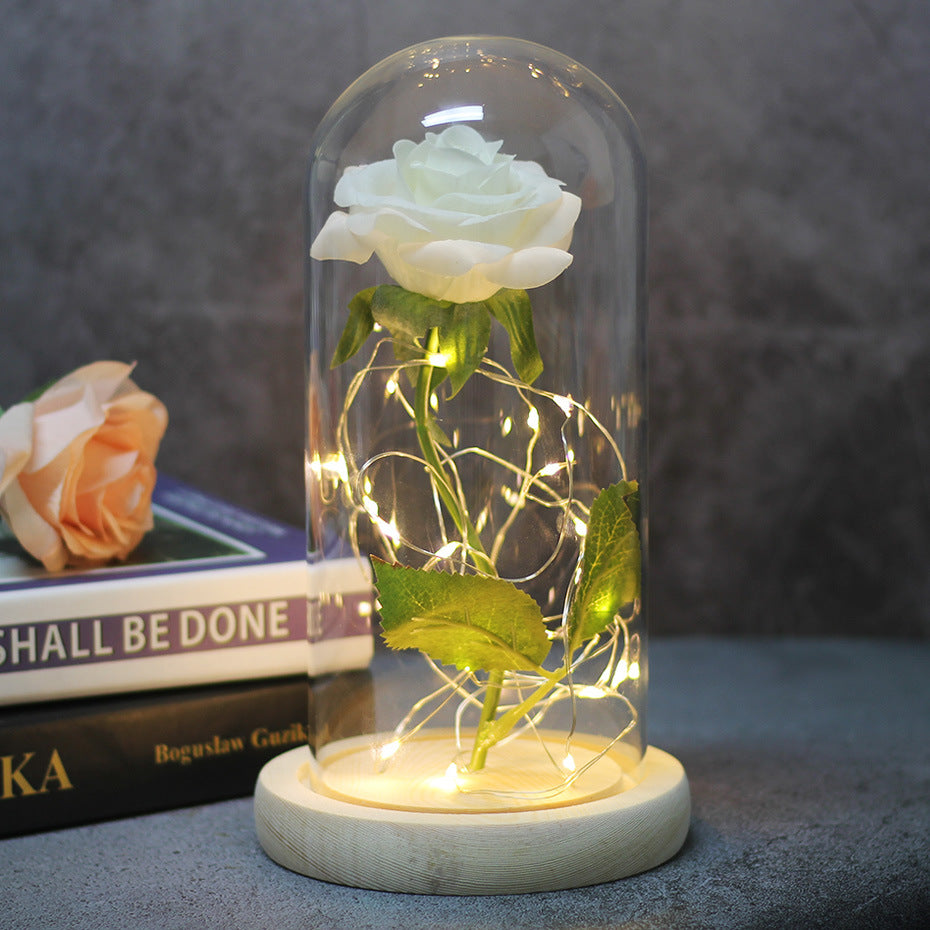 Preserved Rose Bouquet with LED Glass Cover | Silk & Velvet Roses | Solid Wood Base | AAA Battery | 300×170×160mm | 16 Colours & Styles | Valentine, Wedding & Mother’s Day Gift