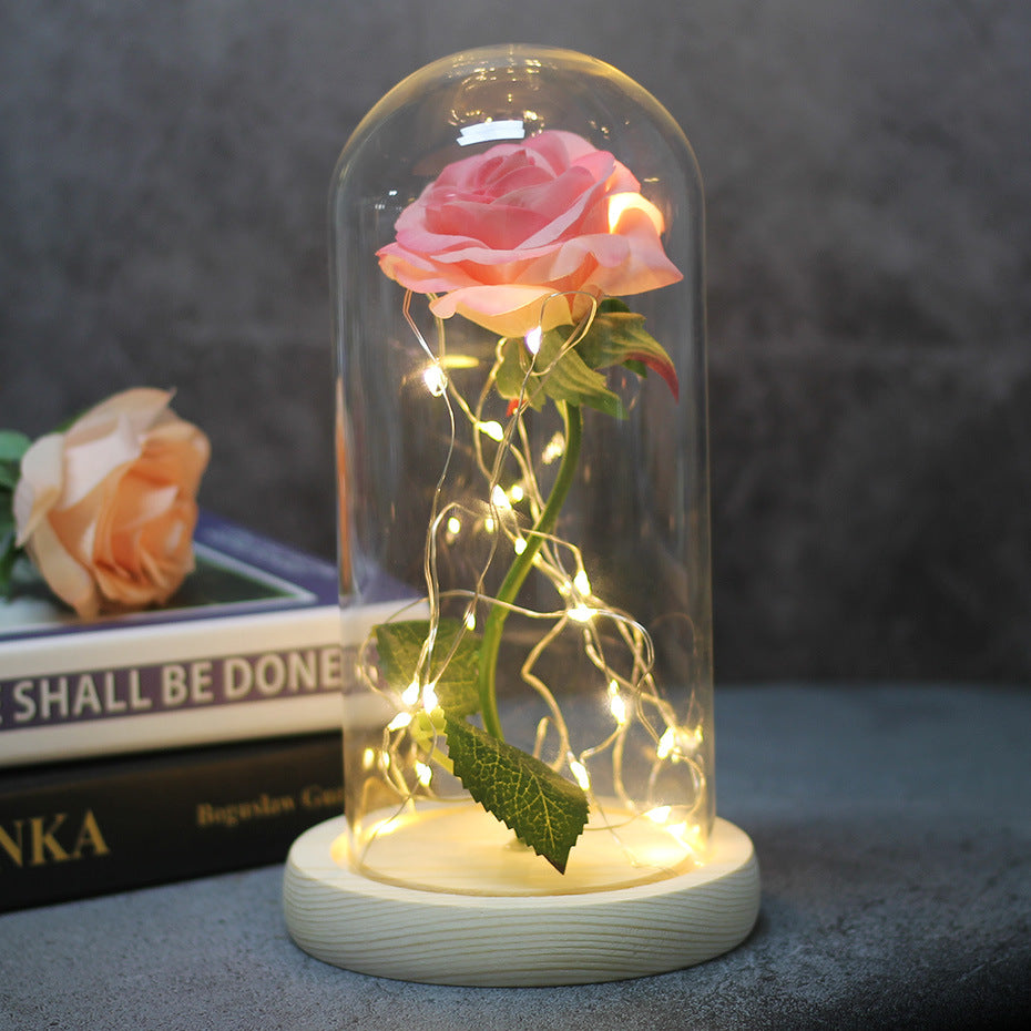 Preserved Rose Bouquet with LED Glass Cover | Silk & Velvet Roses | Solid Wood Base | AAA Battery | 300×170×160mm | 16 Colours & Styles | Valentine, Wedding & Mother’s Day Gift