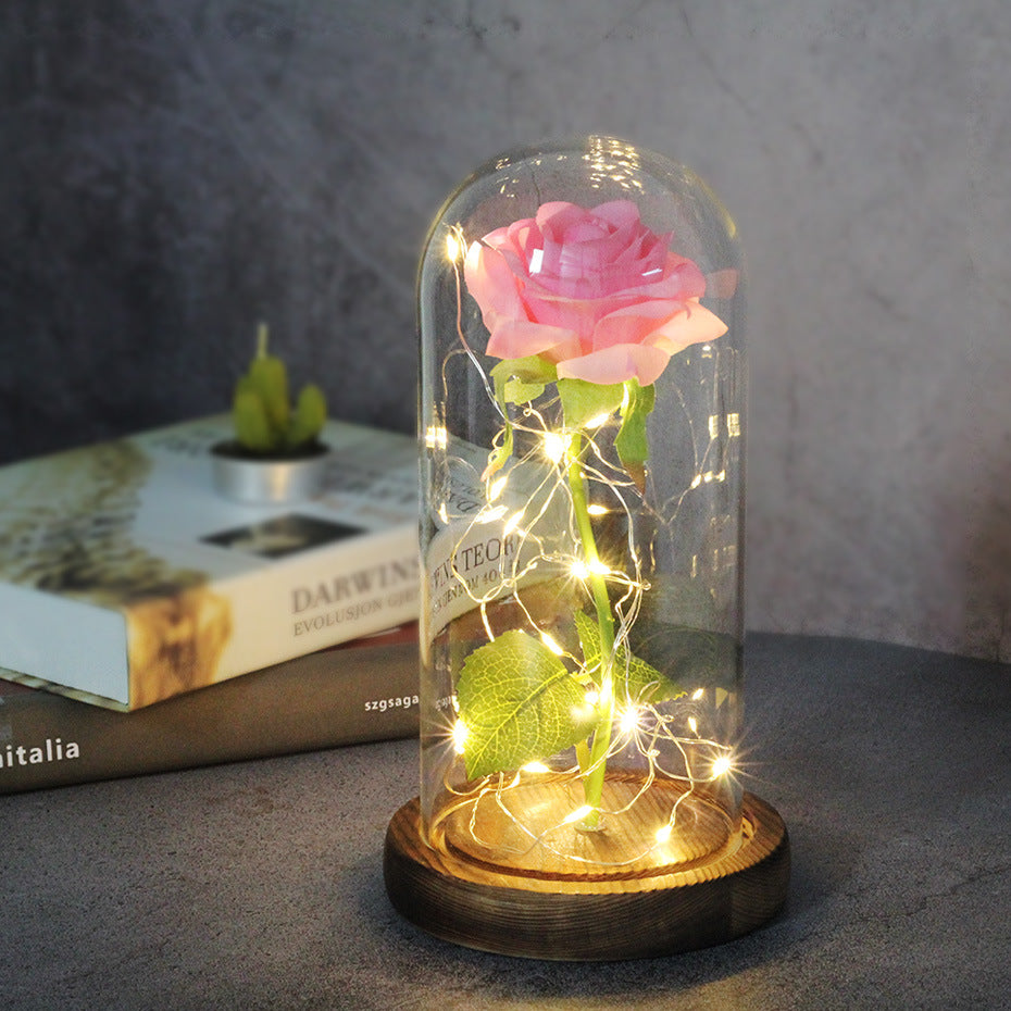 Preserved Rose Bouquet with LED Glass Cover | Silk & Velvet Roses | Solid Wood Base | AAA Battery | 300×170×160mm | 16 Colours & Styles | Valentine, Wedding & Mother’s Day Gift