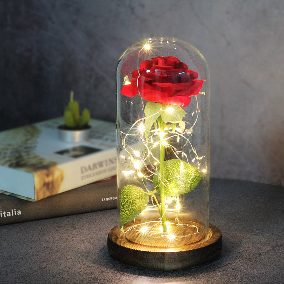 Preserved Rose Bouquet with LED Glass Cover | Silk & Velvet Roses | Solid Wood Base | AAA Battery | 300×170×160mm | 16 Colours & Styles | Valentine, Wedding & Mother’s Day Gift