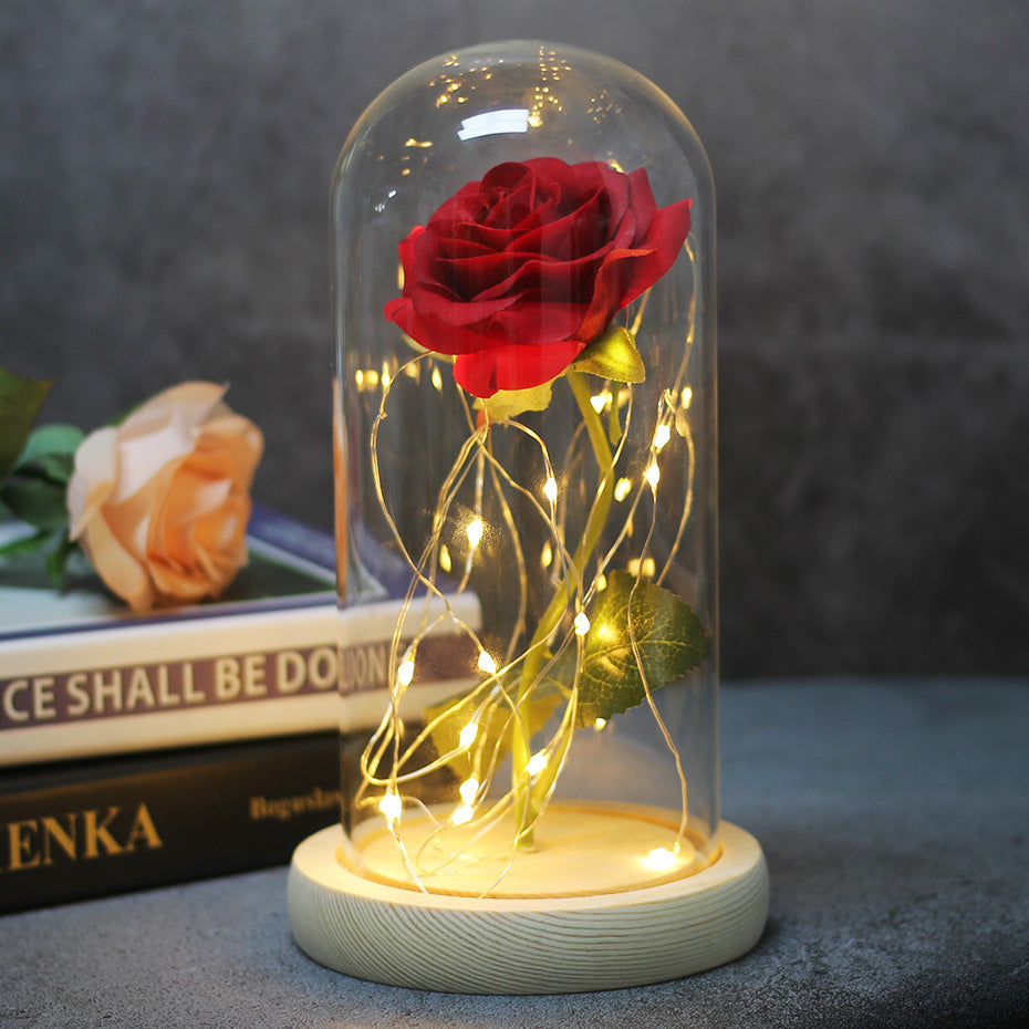 Preserved Rose Bouquet with LED Glass Cover | Silk & Velvet Roses | Solid Wood Base | AAA Battery | 300×170×160mm | 16 Colours & Styles | Valentine, Wedding & Mother’s Day Gift