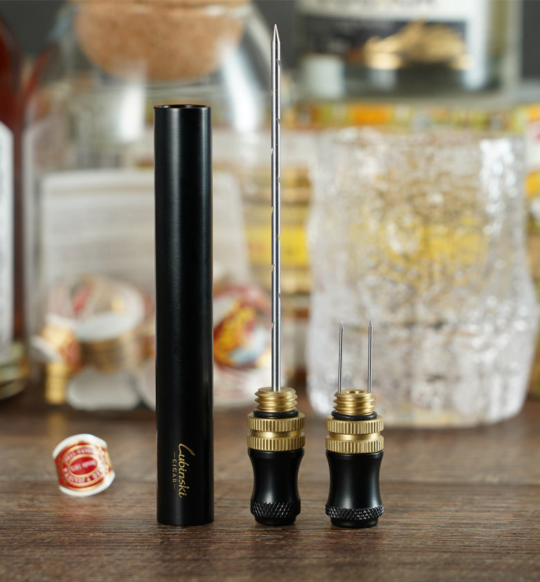 4-in-1 Zinc Alloy Cigar Punch & Vent Needle | 102mm Needle, 7mm & 9mm Drills, Anti-Scalding, Black & Gold