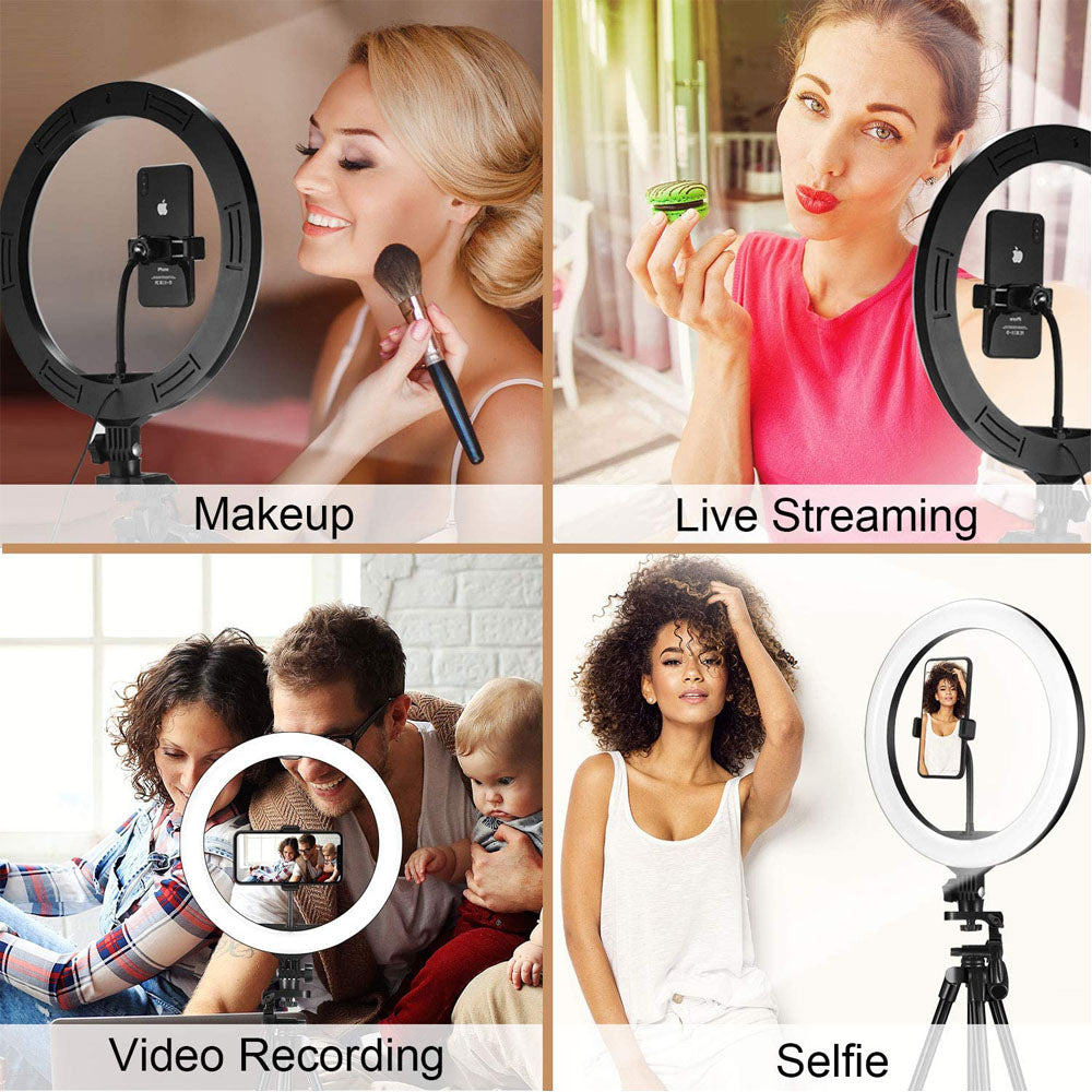 10-Inch LED Ring Light with Tripod | 26cm | 10W | 10 Brightness Modes | 1%–100% Dimming | 3200K–5500K | 37–160cm Adjustable | USB | Phone Holder | Selfie, Video & Makeup Light