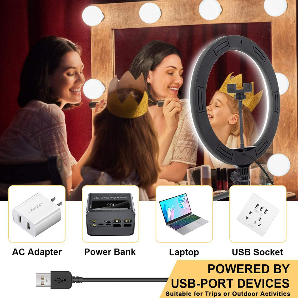 10-Inch LED Ring Light with Tripod | 26cm | 10W | 10 Brightness Modes | 1%–100% Dimming | 3200K–5500K | 37–160cm Adjustable | USB | Phone Holder | Selfie, Video & Makeup Light