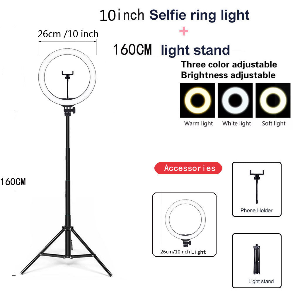 10-Inch LED Ring Light with Tripod | 26cm | 10W | 10 Brightness Modes | 1%–100% Dimming | 3200K–5500K | 37–160cm Adjustable | USB | Phone Holder | Selfie, Video & Makeup Light