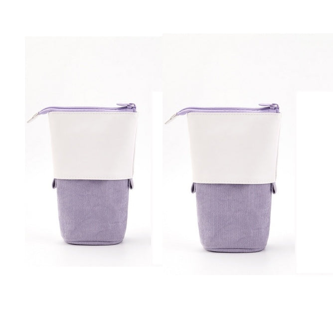 Round Corduroy & PU Leather Retractable Pencil Case | Cute Stationery Organiser | 5 Colours