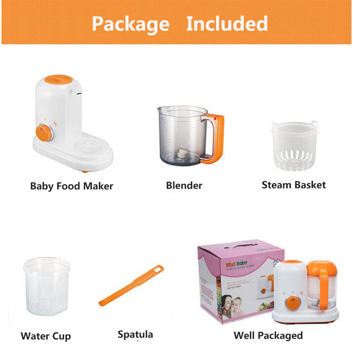 Baby Food Processor Steamer & Blender | 300W Steam | 120W Mix | 190ml | BPA-Free PP | Dishwasher Safe | 23×12.8×20cm | EU & US Plug | Puree, Juice, Milkshake & Ice Crush | Orange