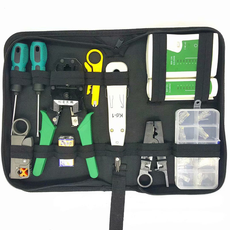 11-Piece Professional Network Toolkit | Crimping Pliers, RJ45 Tester, Wire Stripper, Screwdrivers & Tool Bag