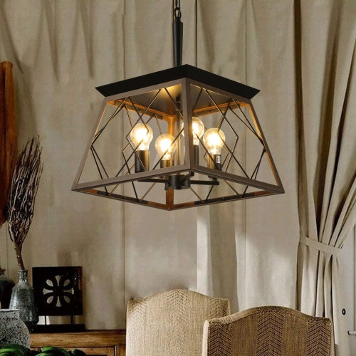 Farmhouse Vintage Antique Iron 4-Light Chandelier | Walnut & Black, Adjustable Chain, E26, 15.7" x 15.7", No Bulb