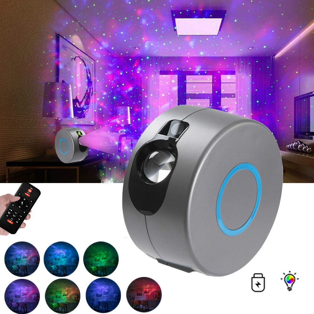 Galaxy Star Projector with Remote Control | 7-Colour | 5W LED | Laser | 20–30m Remote | AU, EU, UK, US & USB | Grey & White | Bedroom & Party Decor