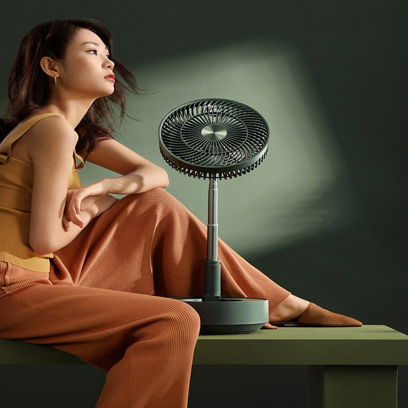 Model 908 Telescopic Foldable Rechargeable Floor & Desktop Fan | 5-Speed, Magnetic Remote, Optional Humidifier, Green & White
