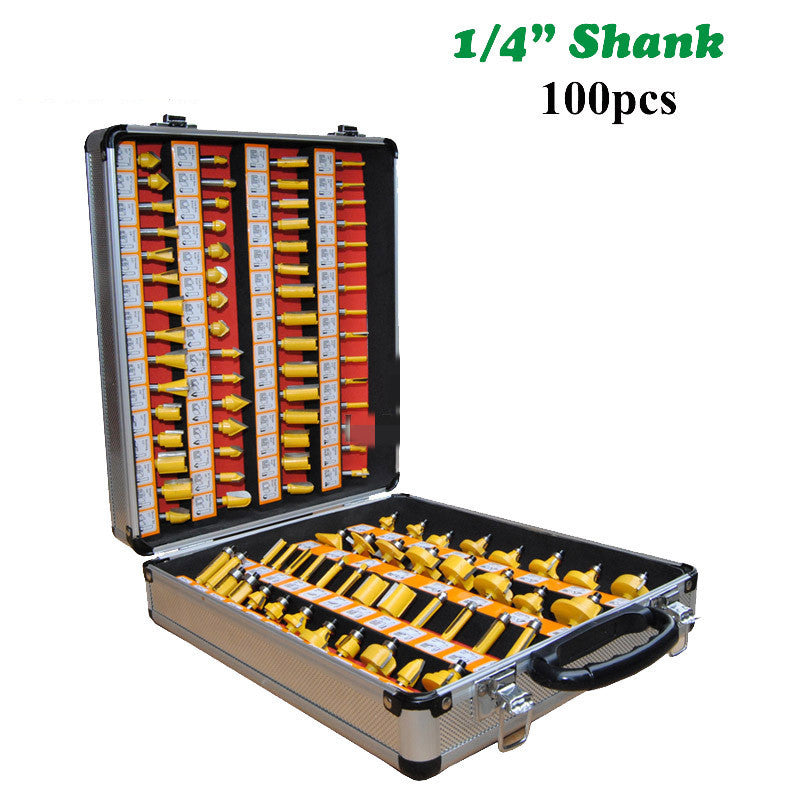 100-Piece 1/4" Shank Carbide Router Bit Set | Coated Woodworking Milling Cutters, Aluminum Storage Box