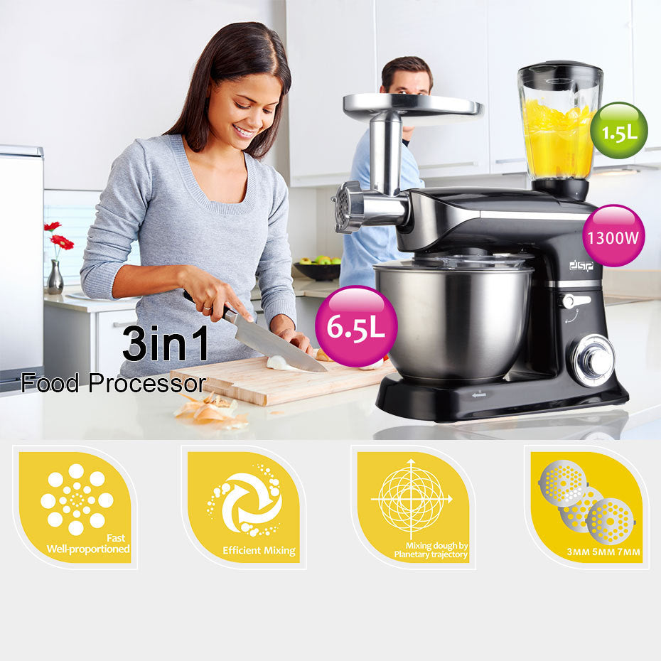 1300W 6.5L 3-in-1 Stand Mixer & Chef Machine | 6-Speed + Pulse, Tilt-Head, Dough Hook, EU Plug, Black & White