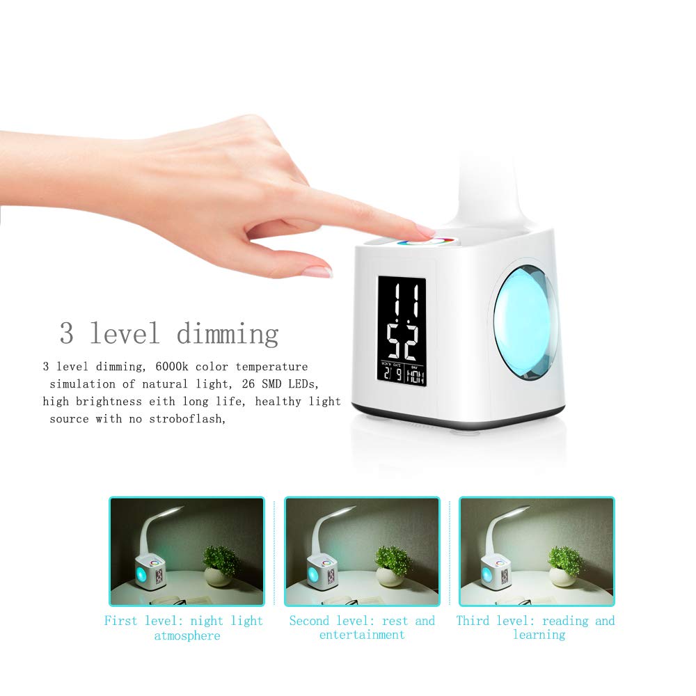 7-in-1 LED Desk Lamp | 8W | USB Charging Port | 256-Colour Base | Clock, Calendar & LCD | Pen Holder | Gooseneck | 3-Level Dimming | White