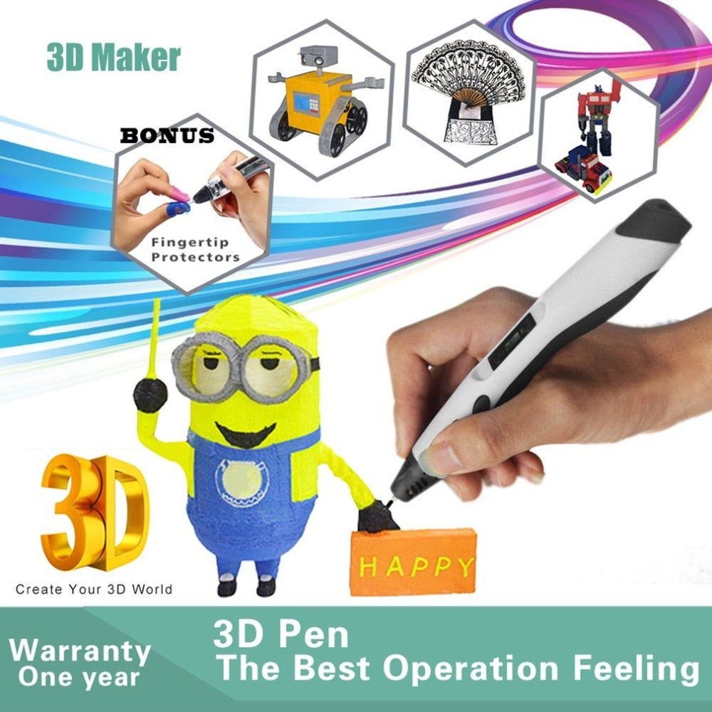 3D Printing Pen | 3D Drawing & Graffiti | EU, UK & USA Plug | 18cm | Black, Blue, Green & White