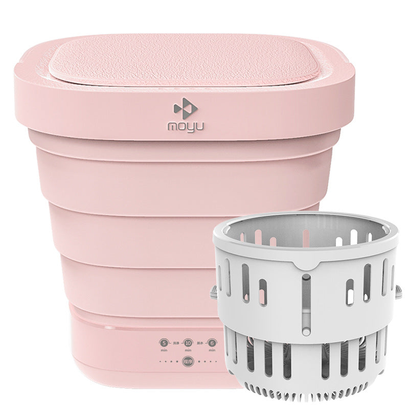 Portable Mini Folding Bucket Washing Machine | 40W, ABS + Silicone, Compact Travel Laundry, Pink & White