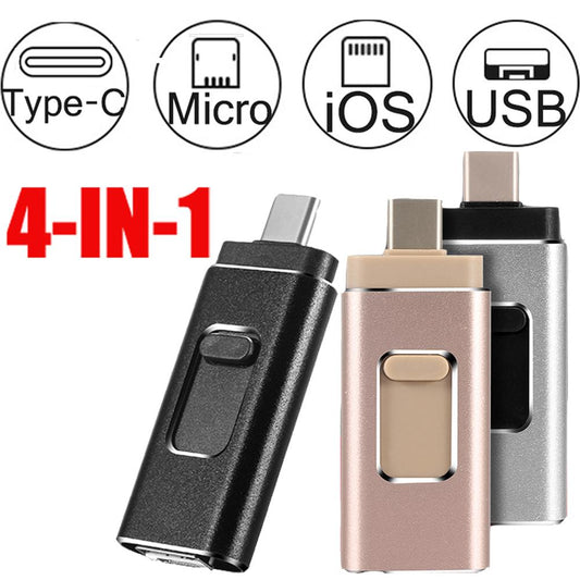4-in-1 USB Flash Drive | Lightning + Micro USB + Type-C + USB-A | 8GB–1TB | 4 Colours | iPhone & Android