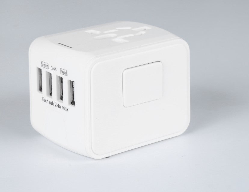 Universal Travel Adapter with USB Charging | 170+ Countries | 100–250V | 1500W | 5V/3.7A USB | CE/RoHS/FCC | 66×53×52mm | Black, Blue & Green