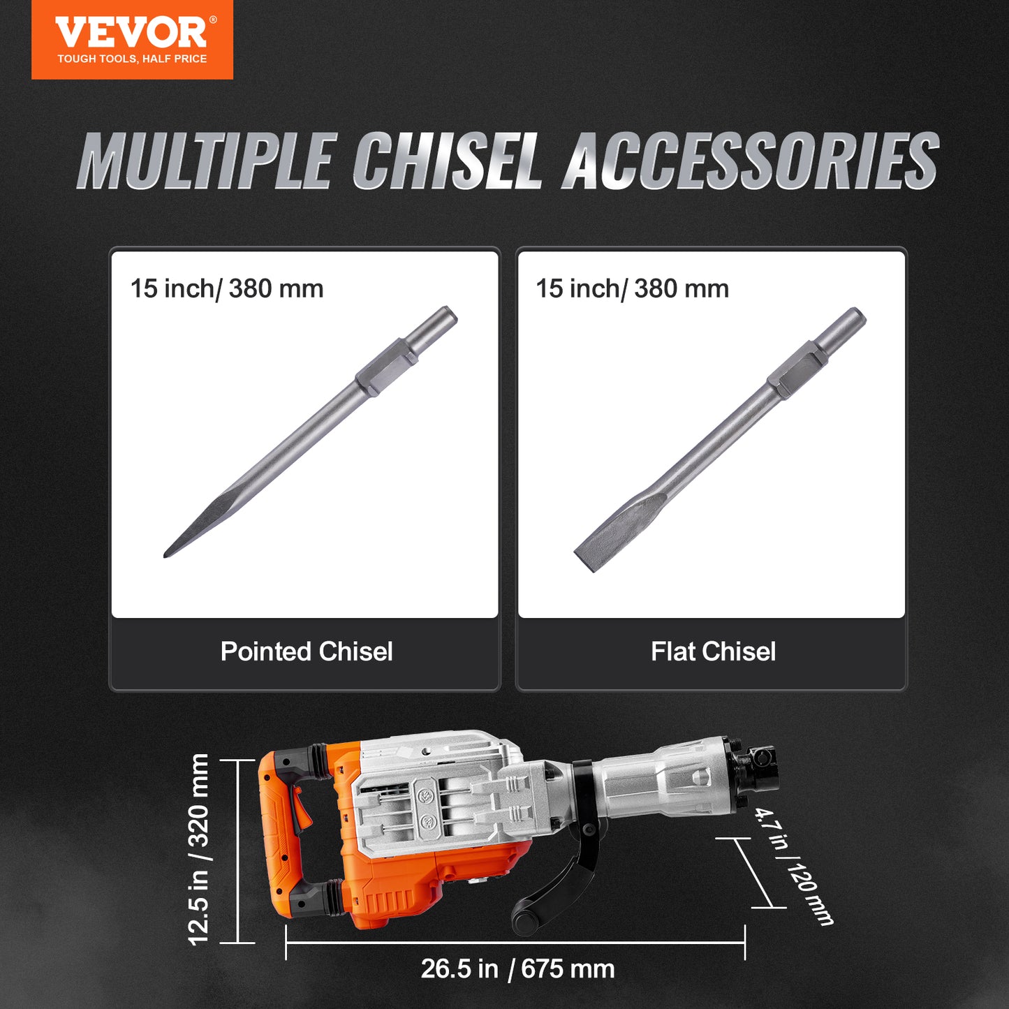 VEVOR 3500W Electric Demolition Jack Hammer | Concrete Breaker, 2 Chisel Bits, Heavy Duty
