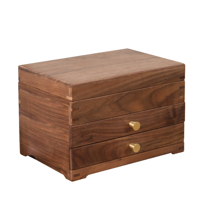 Pull-Out Double-Layer Solid Wood Cosmetic Storage Cabinet | Paulownia, Brass & Tempered Glass, Black Walnut