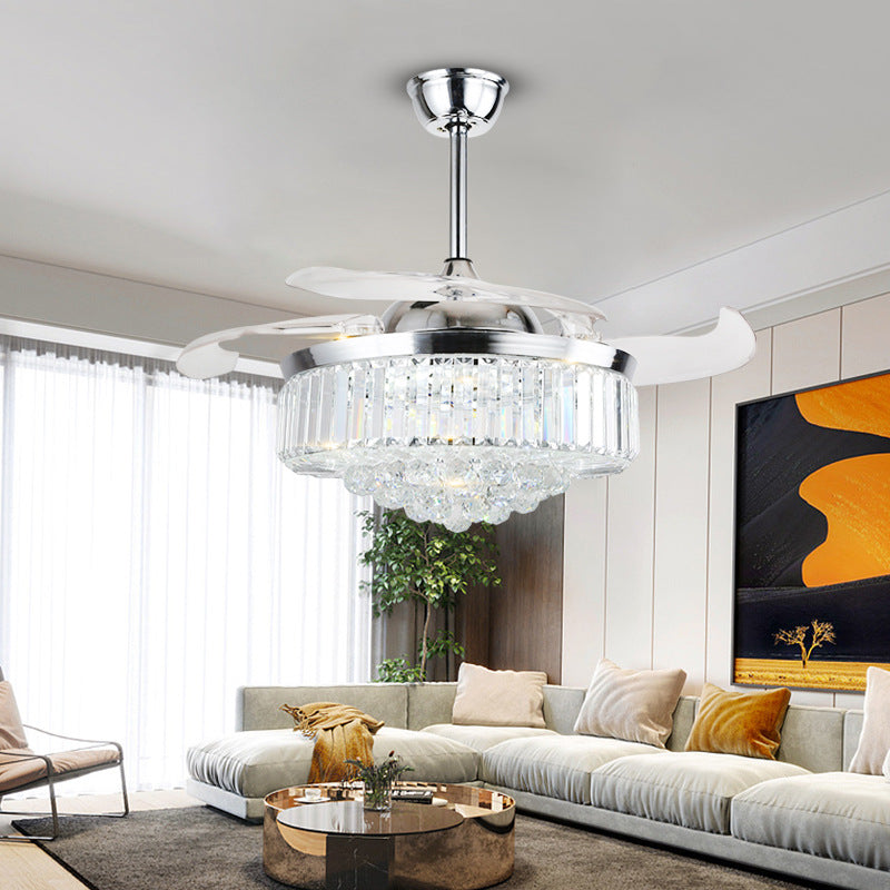 European Crystal LED Ceiling Fan with Stepless Dimming | 36", 42" & 48", Chrome & Gold, ABS Blades, Variable Frequency