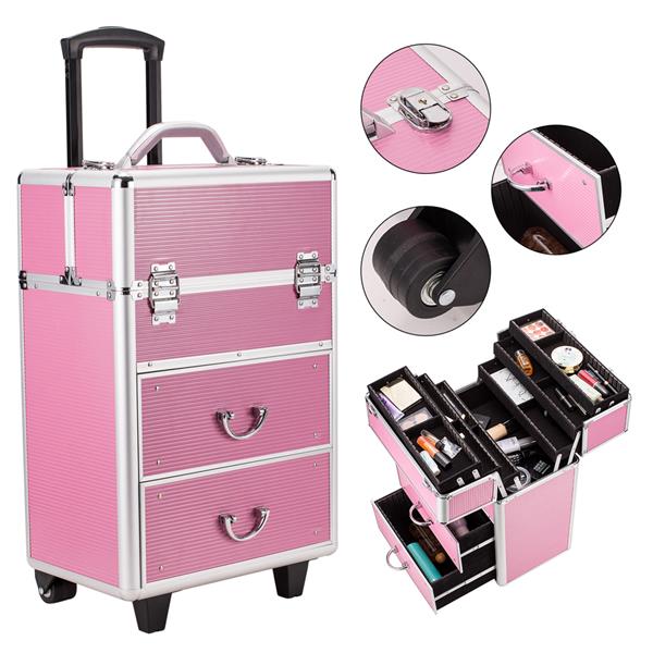 Professional Aluminum Makeup Train Case | 9 Drawers, Lockable, Adjustable Handle, Travel MUA Case, Pink