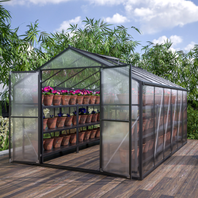 8'×12' Heavy-Duty Polycarbonate Walk-In Greenhouse | Aluminum Frame, UV Guard, Double Doors, Gutter System, Black
